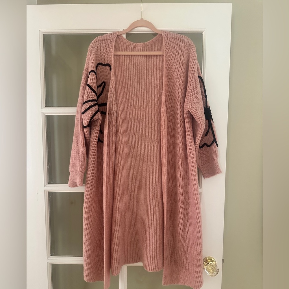 SHEIN Pink Knit Cardigan with Black Floral Design